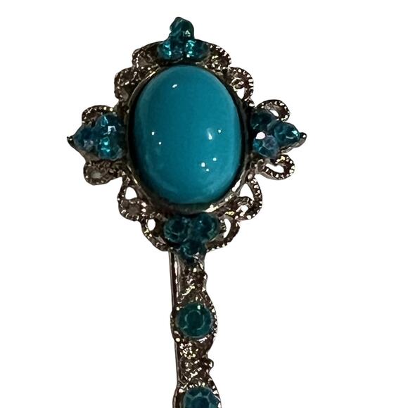 Vintage Y2K Turquoise Blue Rhinestone Hair Barrette Clip Silver Tone 3” - Picture 4 of 5